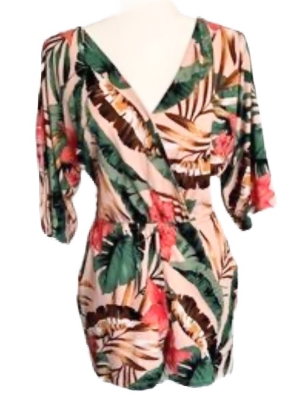 VENUS Pink Tropical Print Wrap Romper with Green Leaves